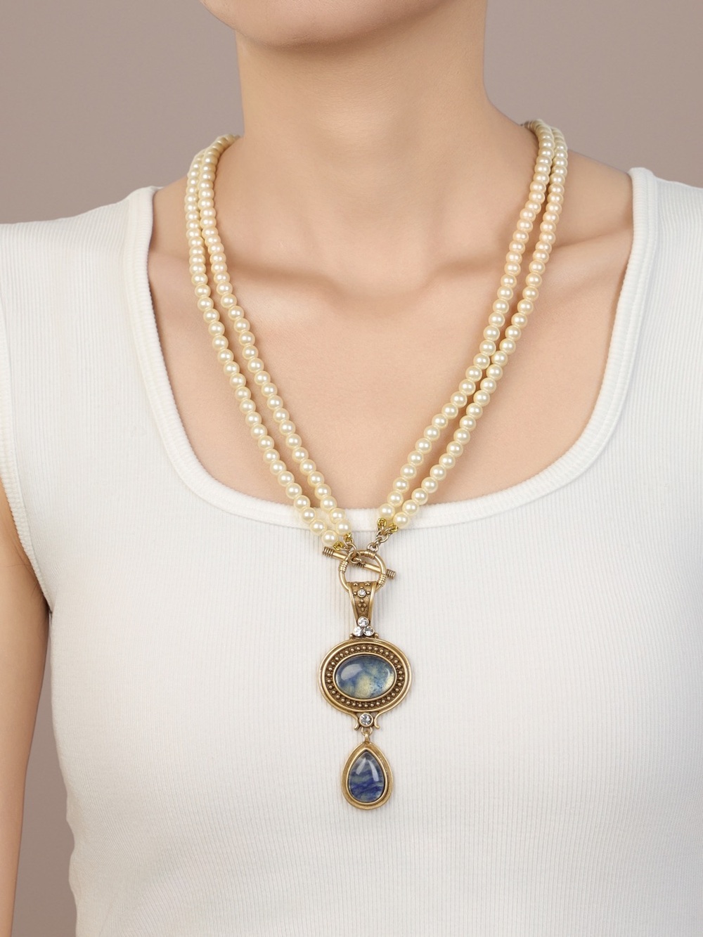 Pearl Triple-Strand Necklace with Blue Stone Pendant